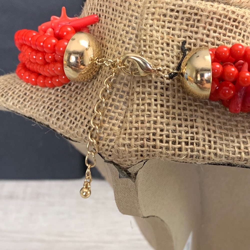 Red Multi Strand Statement Necklace Faux Coral Branch Bead Gold Tone 16in 4130 - Picture 3 of 6